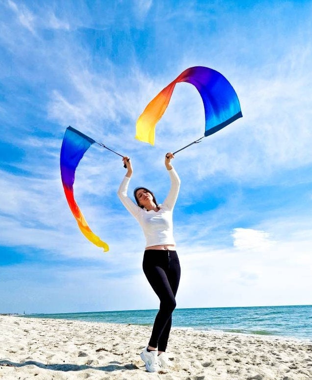 Pair Long Silk Rainbow+ Flag Poi ( 8mm silk )
