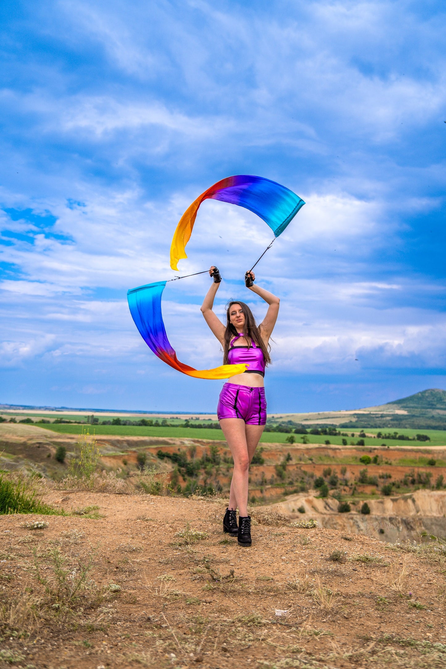 Pair Long Silk Rainbow+ Flag Poi ( 8mm silk )