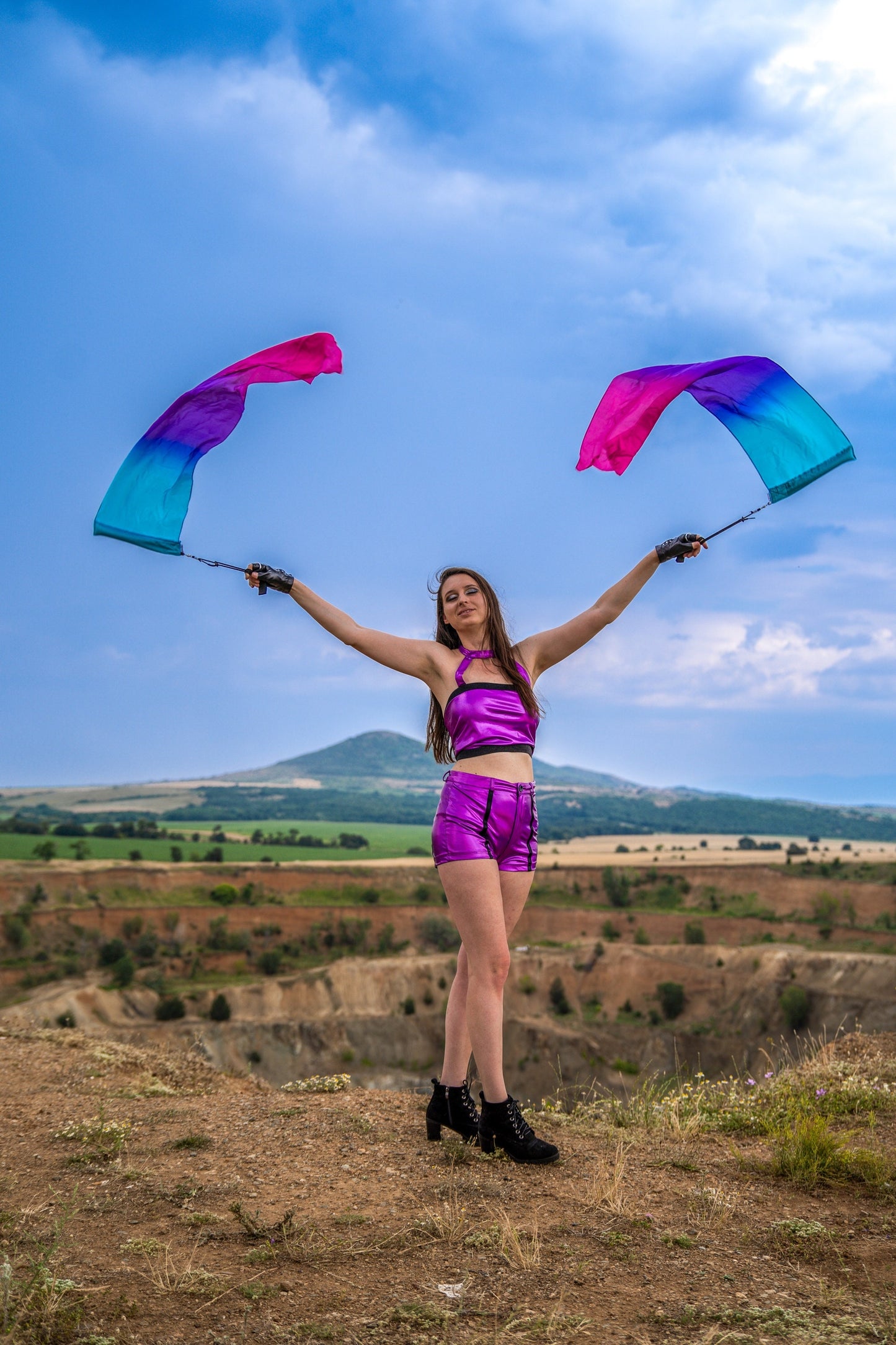 Silk Flag Poi Blue - Purple - Pink