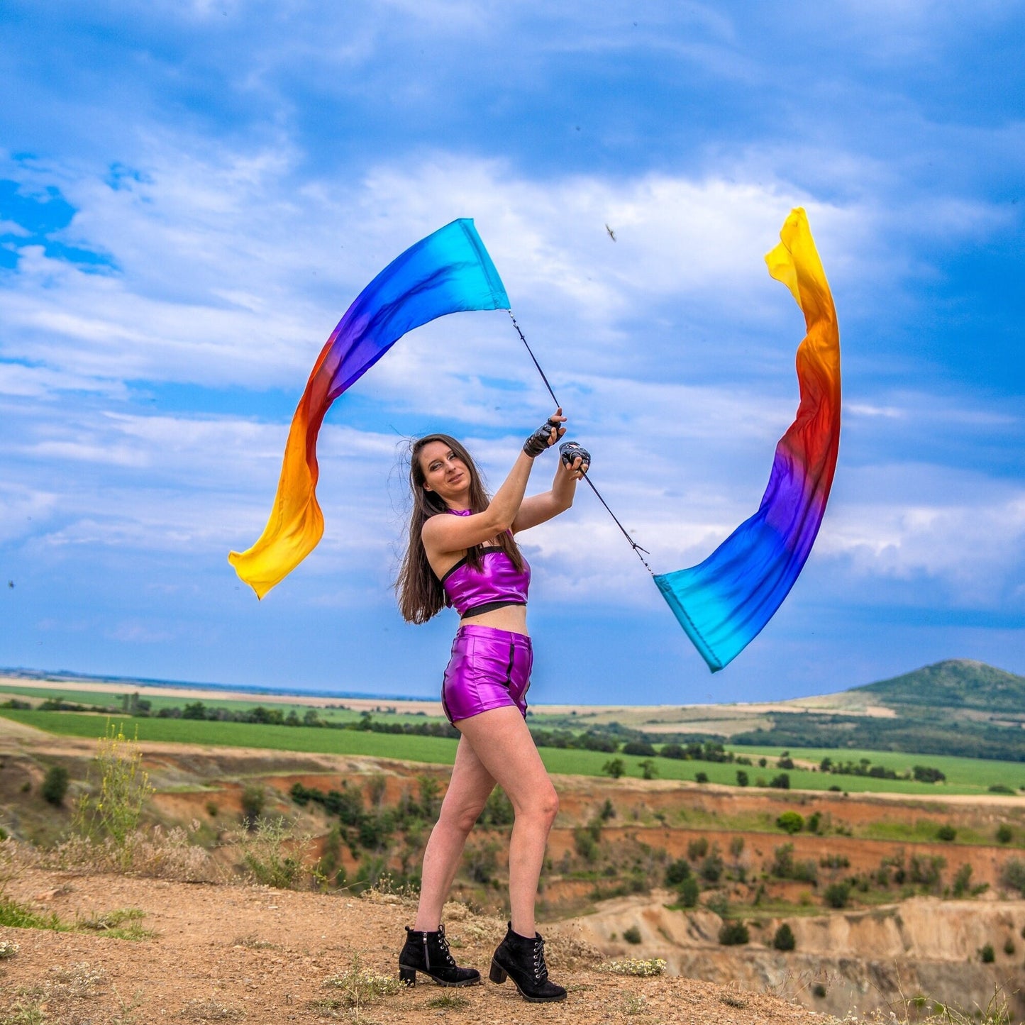 Pair Long Silk Rainbow+ Flag Poi ( 8mm silk )