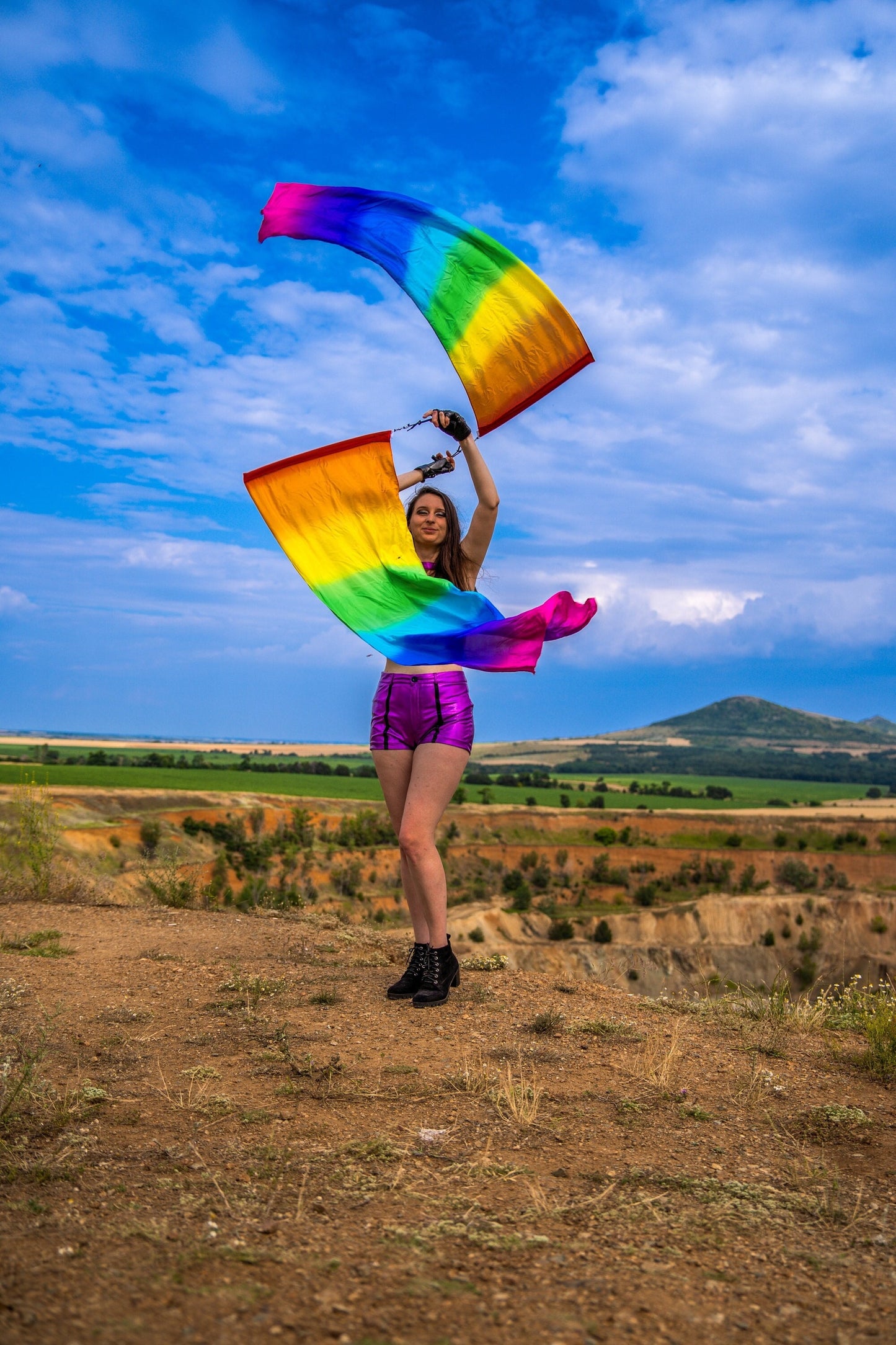 Silk Flag Poi Pair Rainbow color ( 8mm silk )