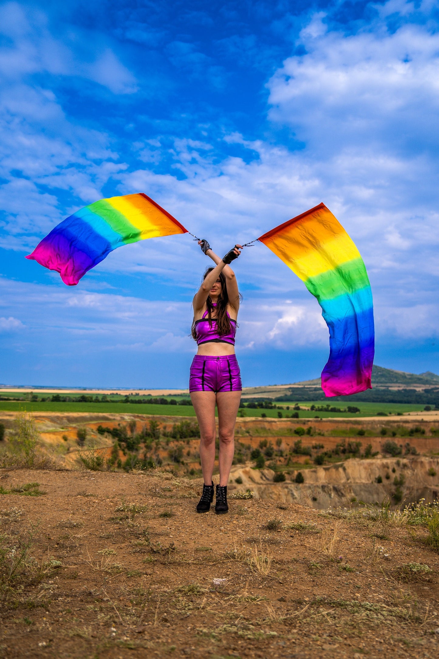 Silk Flag Poi Pair  Rainbow color ( 8mm silk )