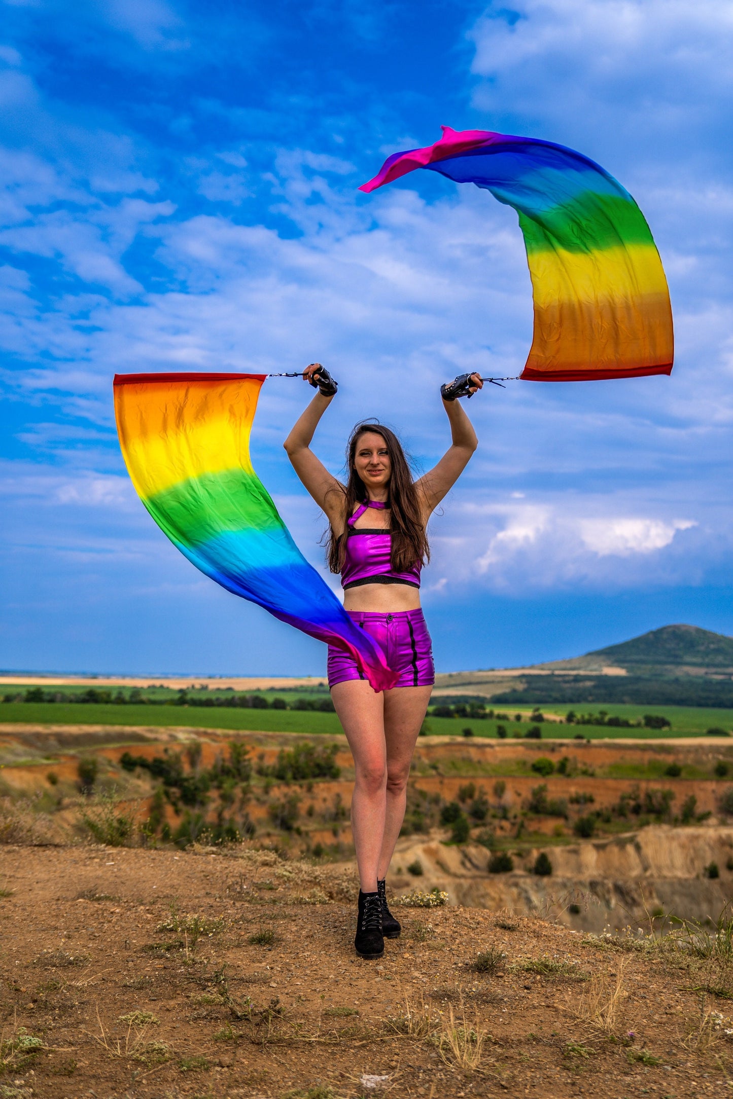 Silk Flag Poi Pair  Rainbow color ( 8mm silk )