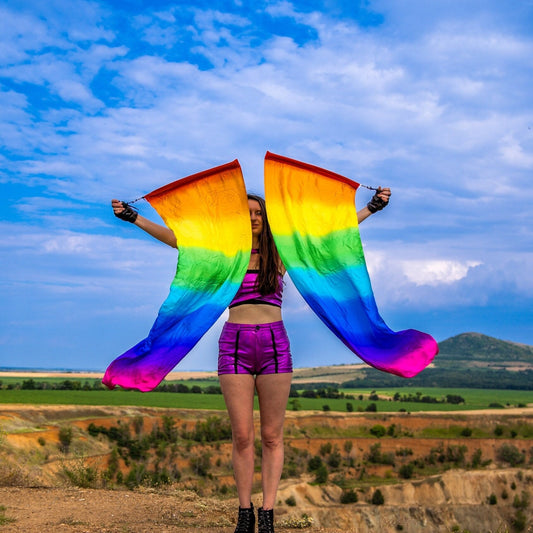 Silk Flag Poi Pair  Rainbow color ( 8mm silk )